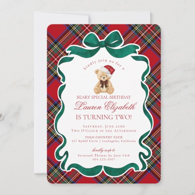Red Tartan Plaid Christmas Bear Birthday Invitation (Front)