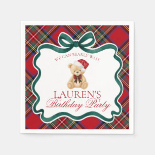 Red Tartan Plaid Christmas Bear Birthday Party Napkins