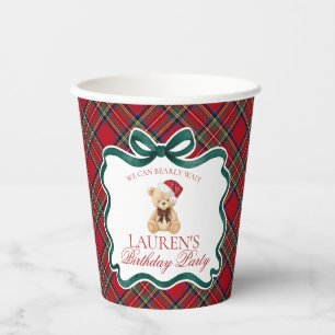 Red Tartan Plaid Christmas Bear Birthday Party Paper Cups