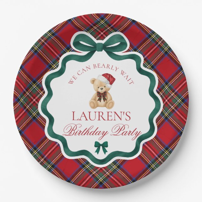 Red Tartan Plaid Christmas Bear Birthday Party  Paper Plates (Front)