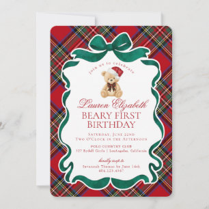 Red Tartan Plaid Christmas Beary First Birthday Invitation