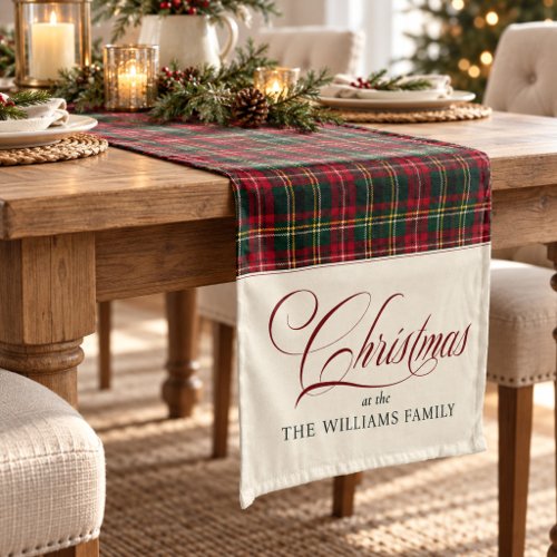 Red Tartan Plaid Christmas Family Name Script Short Table Runner