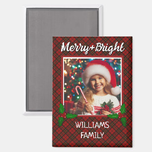 Red tartan plaid Custom photo Christmas Magnet