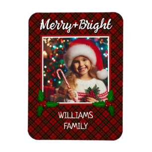 Red tartan plaid Custom photo Christmas Magnet