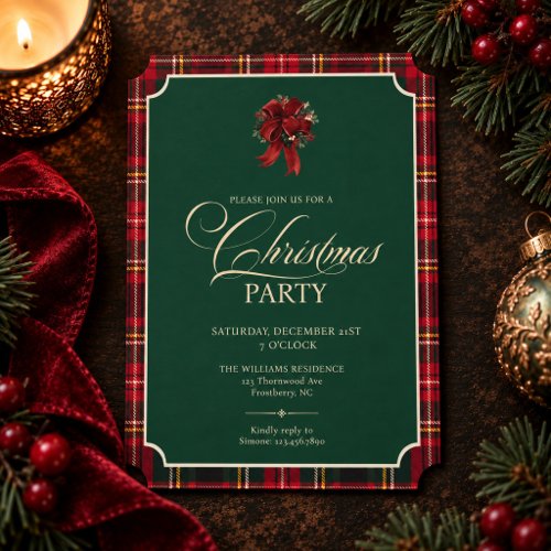 Red Tartan Plaid Dark Green Christmas Party Invitation