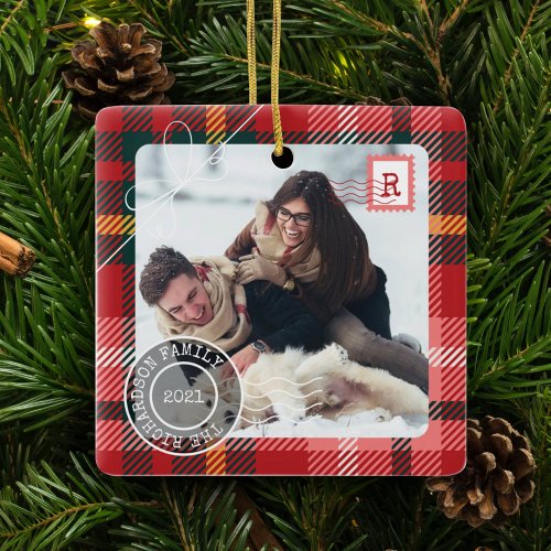 Red Tartan Plaid Delivery Parcel 2 Photo Family Ceramic Ornament