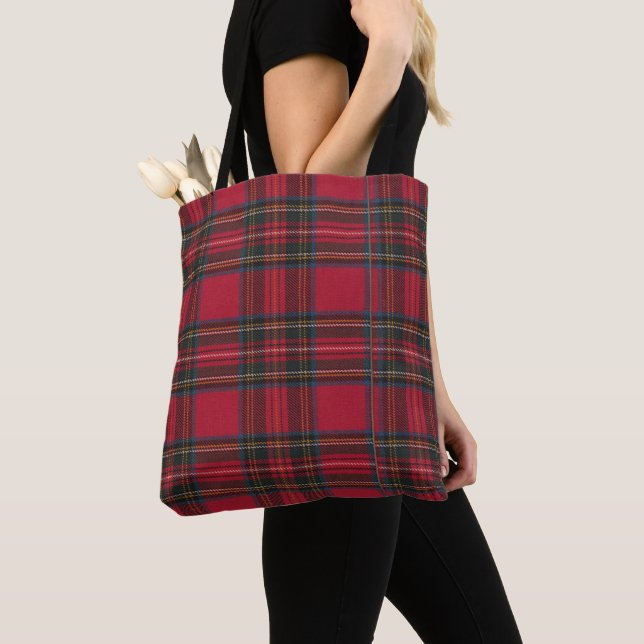 Red Tartan Plaid Design Tote Bag (Close Up)