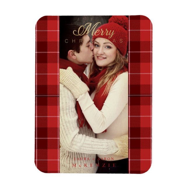 Red Tartan Plaid First Merry Christmas Photo Magnet (Vertical)