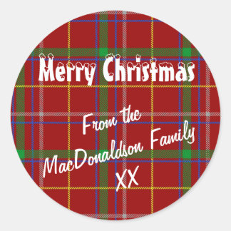 Red tartan plaid Merry Xmas Classic Round Sticker