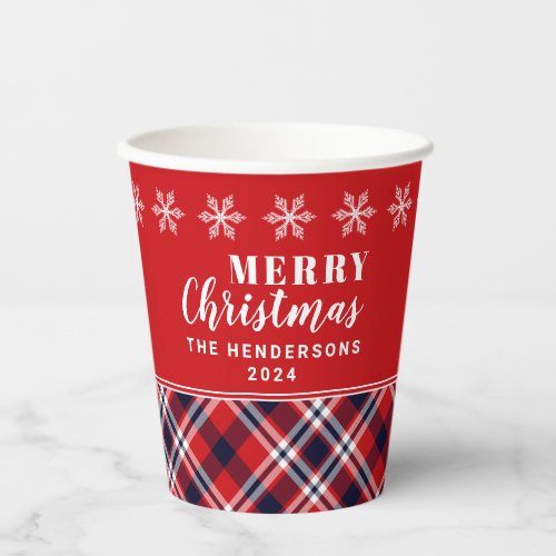 Red Tartan Plaid Modern Personalized Christmas Paper Cups