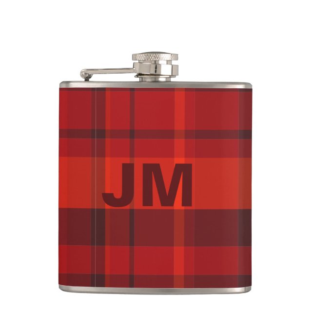 Red Tartan Plaid Monogram Flask (Front)