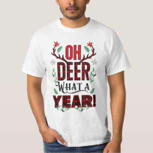 Red Tartan Plaid Oh Deer What a Year Holiday T-Shirt