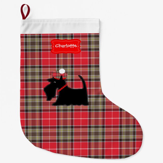 Red Tartan Plaid Pattern Scottish Terrier Dog Large Christmas Stocking (Front)