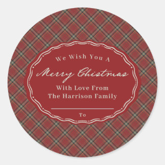 Red Tartan Plaid Personalized Christmas Classic Round Sticker