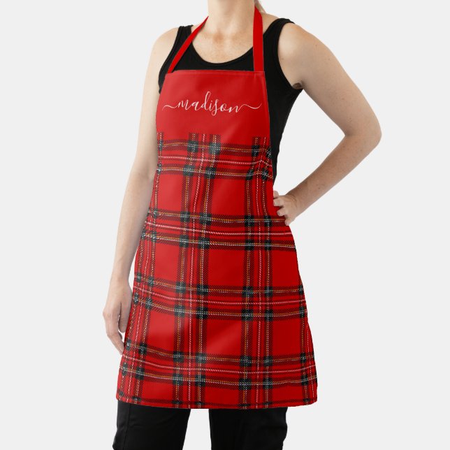 Red tartan plaid script name apron (Insitu)