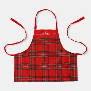 Red tartan plaid script name apron