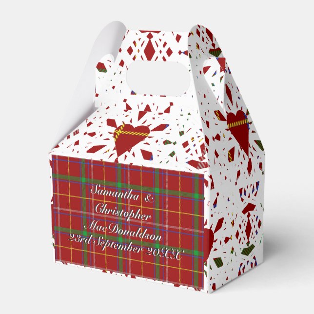 Red tartan plaid white lace heart wedding favor boxes (Front Side)
