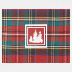 Red Tartan Plaid  & White  Pine Tree  Silhouette Fleece Blanket