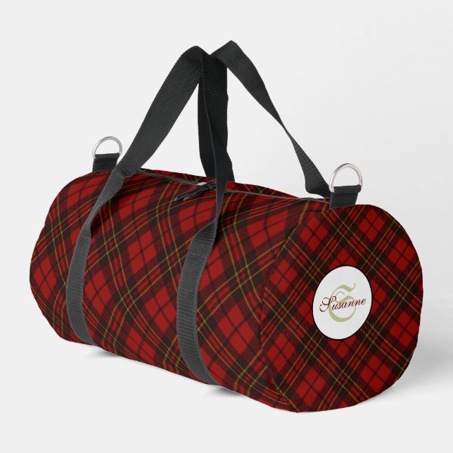 Red tartan plaid winter elegant pattern Monogram Duffle Bag (Left Corner)