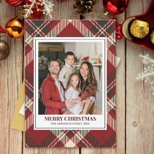 Red Tartan Plaid with Christmas Family Photo Holiday Card