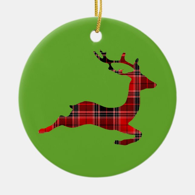Red Tartan reindeer Scottish Christmas Ceramic Ornament (Front)
