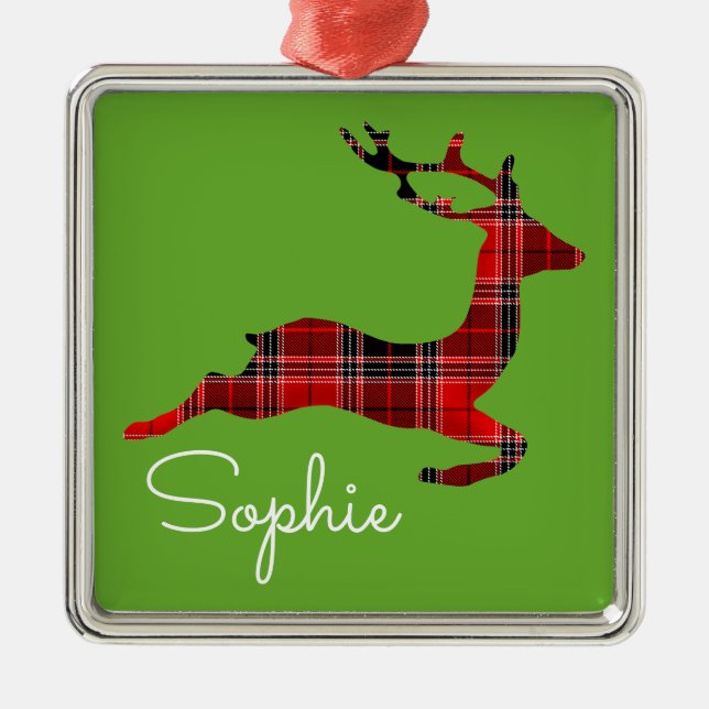 Red Tartan reindeer Scottish Christmas name gift Metal Ornament (Front)