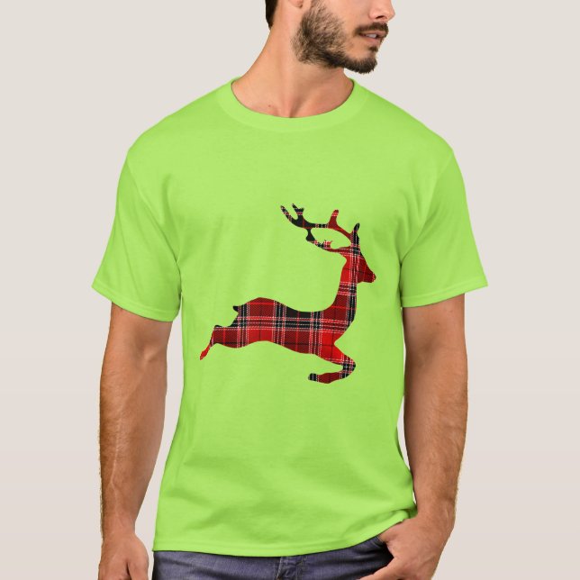 Red Tartan reindeer Scottish Christmas T-Shirt (Front)
