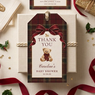 Red Tartan Teddy Bear Baby Shower Gift Tags 