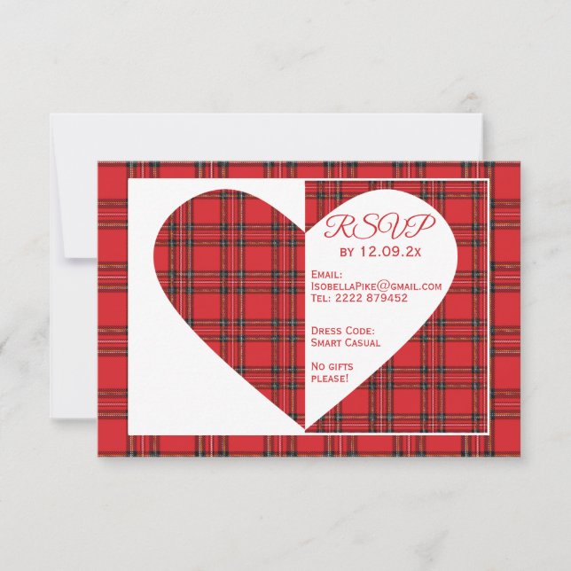 Red Tartan Wedding RSVP Information Card (Front)