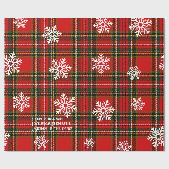 Red Tartan White Snowflake Personalized Christmas Wrapping Paper (Flat)