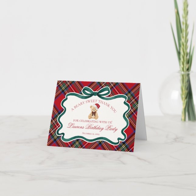 Red TartanPlaid Christmas Bear Birthday Thank You  Card (Front)