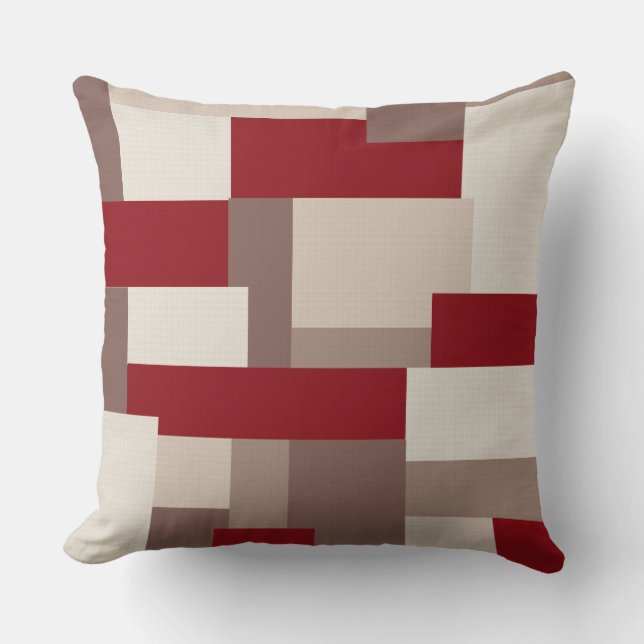 Red/Taupe/Beige Reversible Patchwork Pillow (Front)