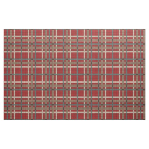 Red Taupe Brown Teal Blue Tartan Squares Pattern Fabric