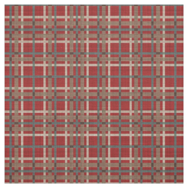 Red Taupe Brown Teal Blue Tartan Squares Pattern Fabric (Swatch)