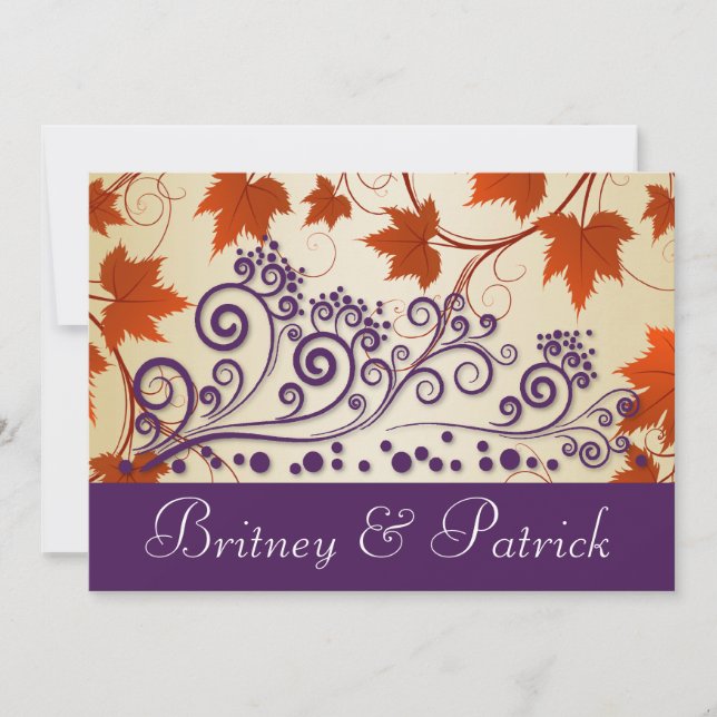 Red Taupe Purple Fall Leaves Wedding Invitations (Front)