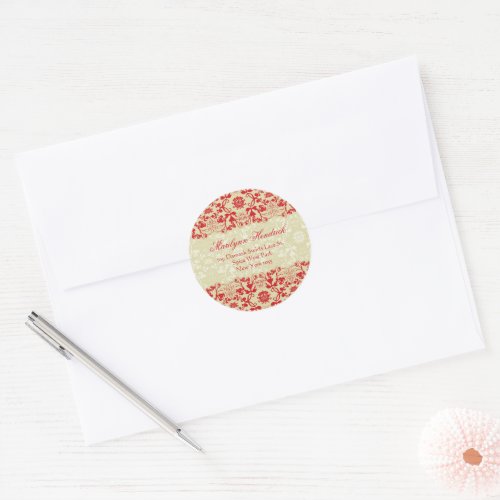 Red  Taupe Vintage Damask Lace Return Address Classic Round Sticker