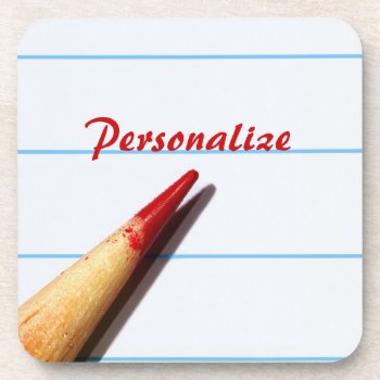 Red Teacher Pencil On Lined Paper With Name Coaster by PhotographyTKDesigns at Zazzle
