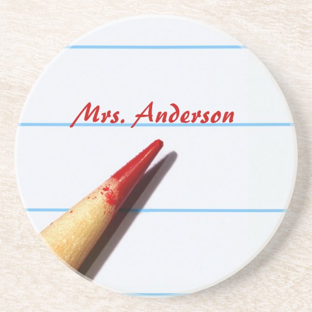 Red Teacher Pencil On Lined Paper With Name Drink Coaster (Front)