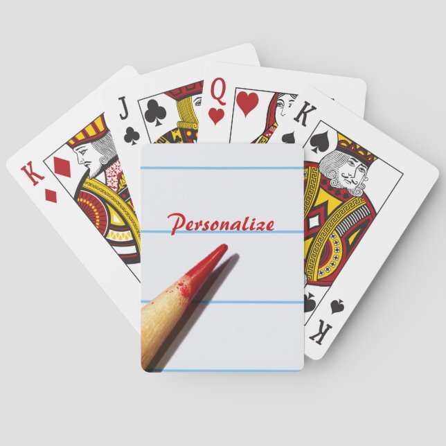 Red Teacher Pencil On Lined Paper With Name Poker Cards (Back)