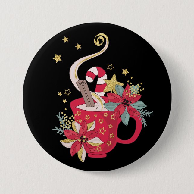 Red Teacup Cinnamon Sticks Poinsettias, Gold Stars Button (Front)