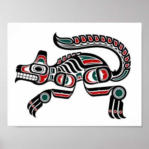 Red Teal and Black Haida Spirit Wolf Poster