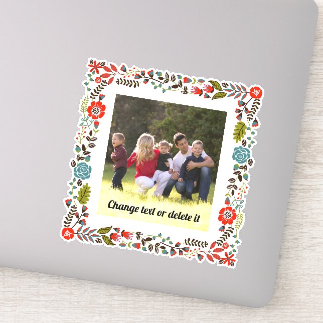 Red, teal and green floral frame with photo sticker (Detail)