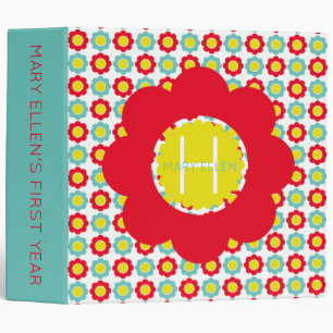 Red Teal and Yellow Flowers on White Monogram 3 Ring Binder