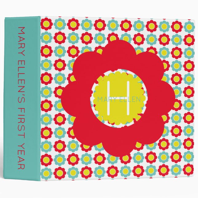 Red Teal and Yellow Flowers on White Monogram 3 Ring Binder (Front/Spine)