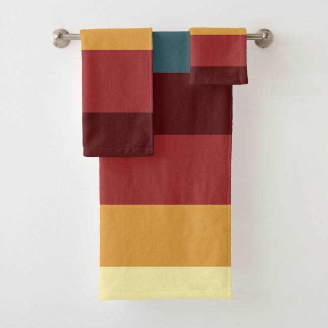 Red, teal and yellow stripes bath towel set (Insitu)