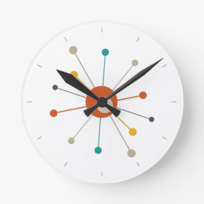 Red Teal Atomic Age Starburst Mid Century Modern Round Clock