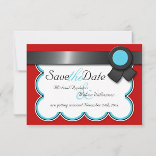 Red & Teal, Black Ribbon Save the Date Invitation