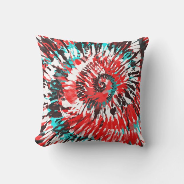 Red Teal Black White & Grey Tie Dye Throw Pillow (Front)