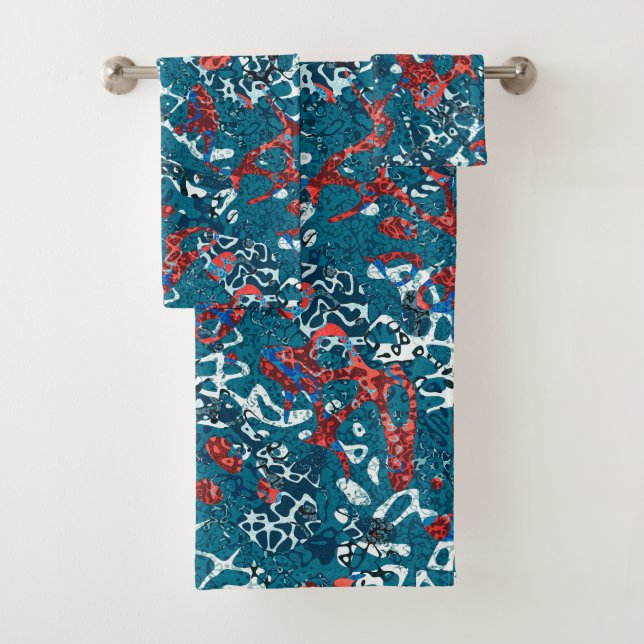 Red Teal Black White Spotted Graphic Abstraction Bath Towel Set (Insitu)