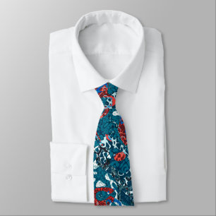 Red Teal Black White Spotted Graphic Abstraction Neck Tie